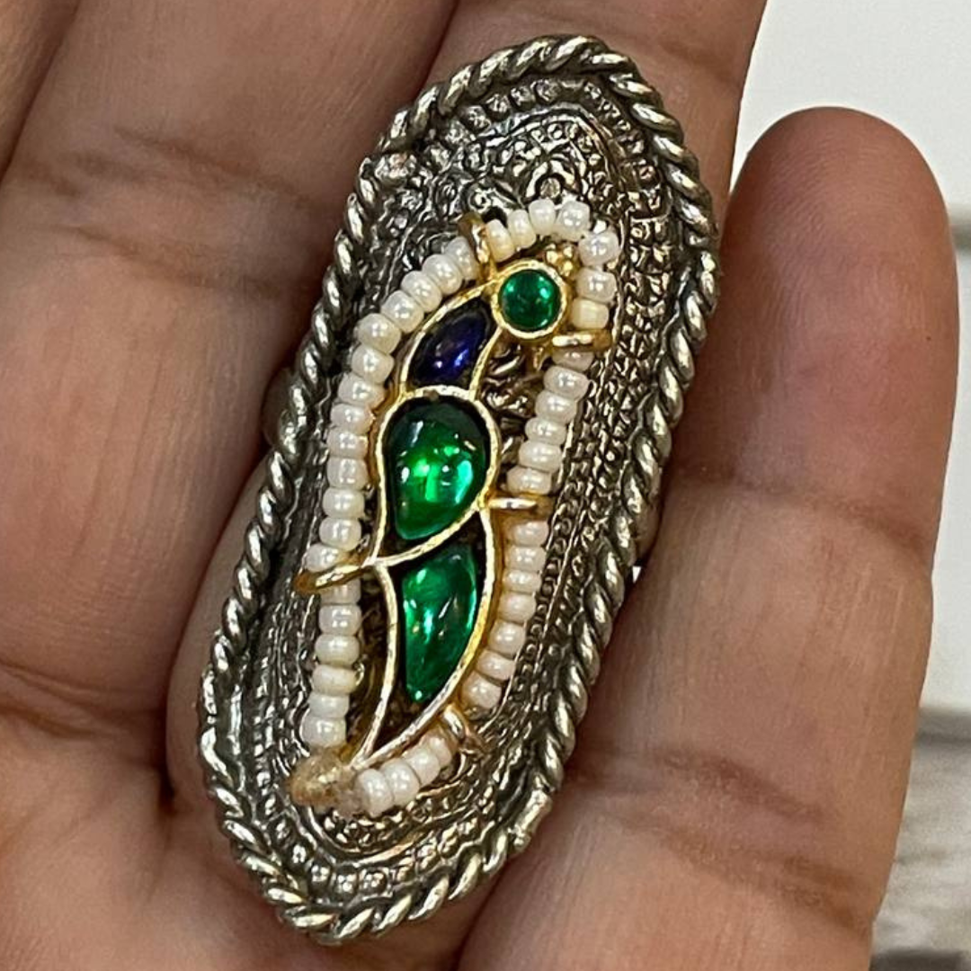 HOOR-KAAKI GREEN-BLUE SILVER RING