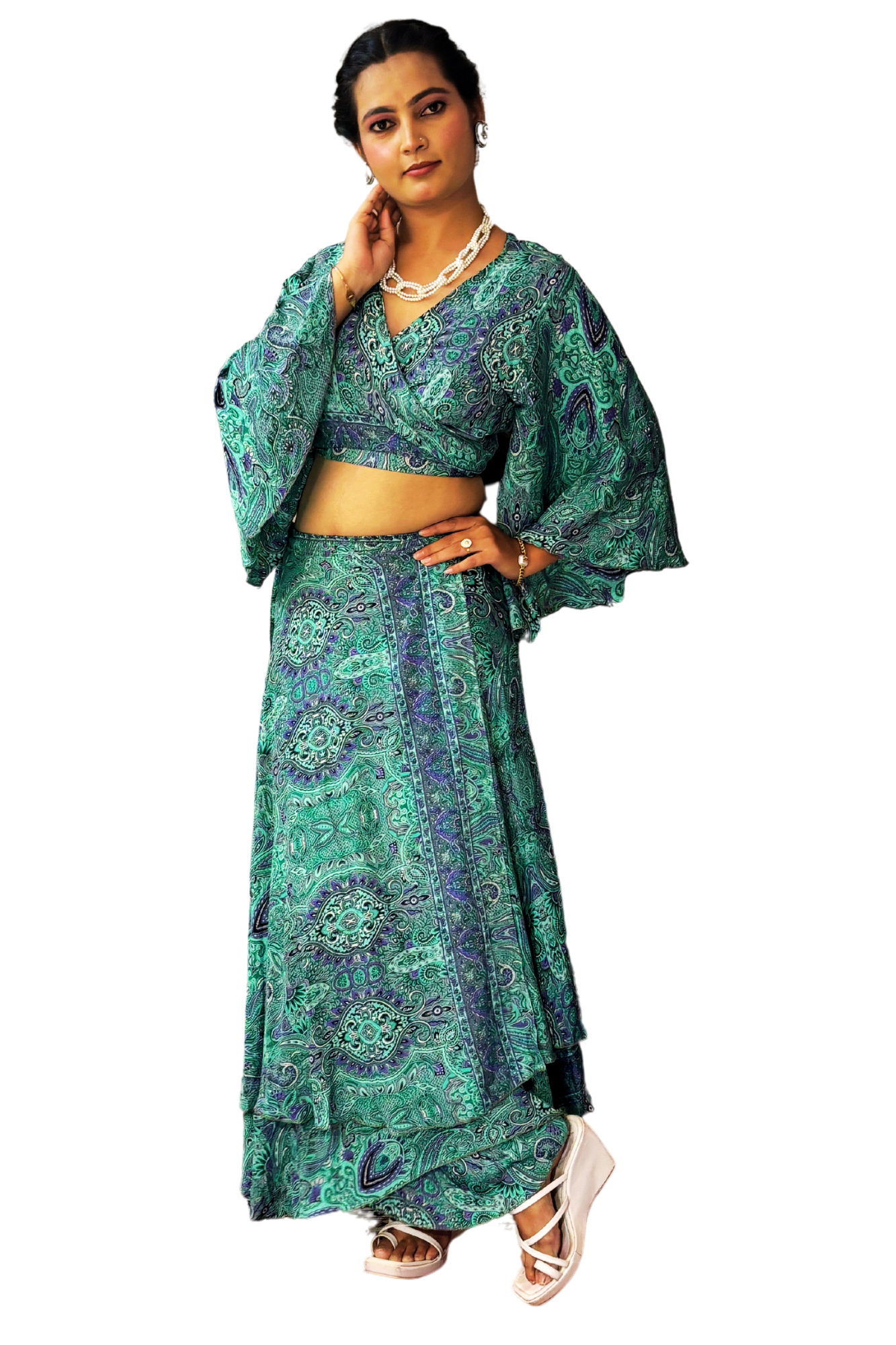 SAHIBA GREEN WRAP-AROUND SKIRT SET