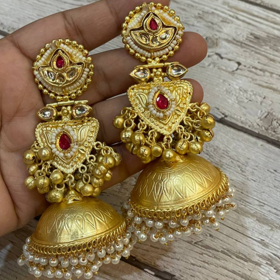 VAJEER-RED GOLDEN JHUMKA EARRING