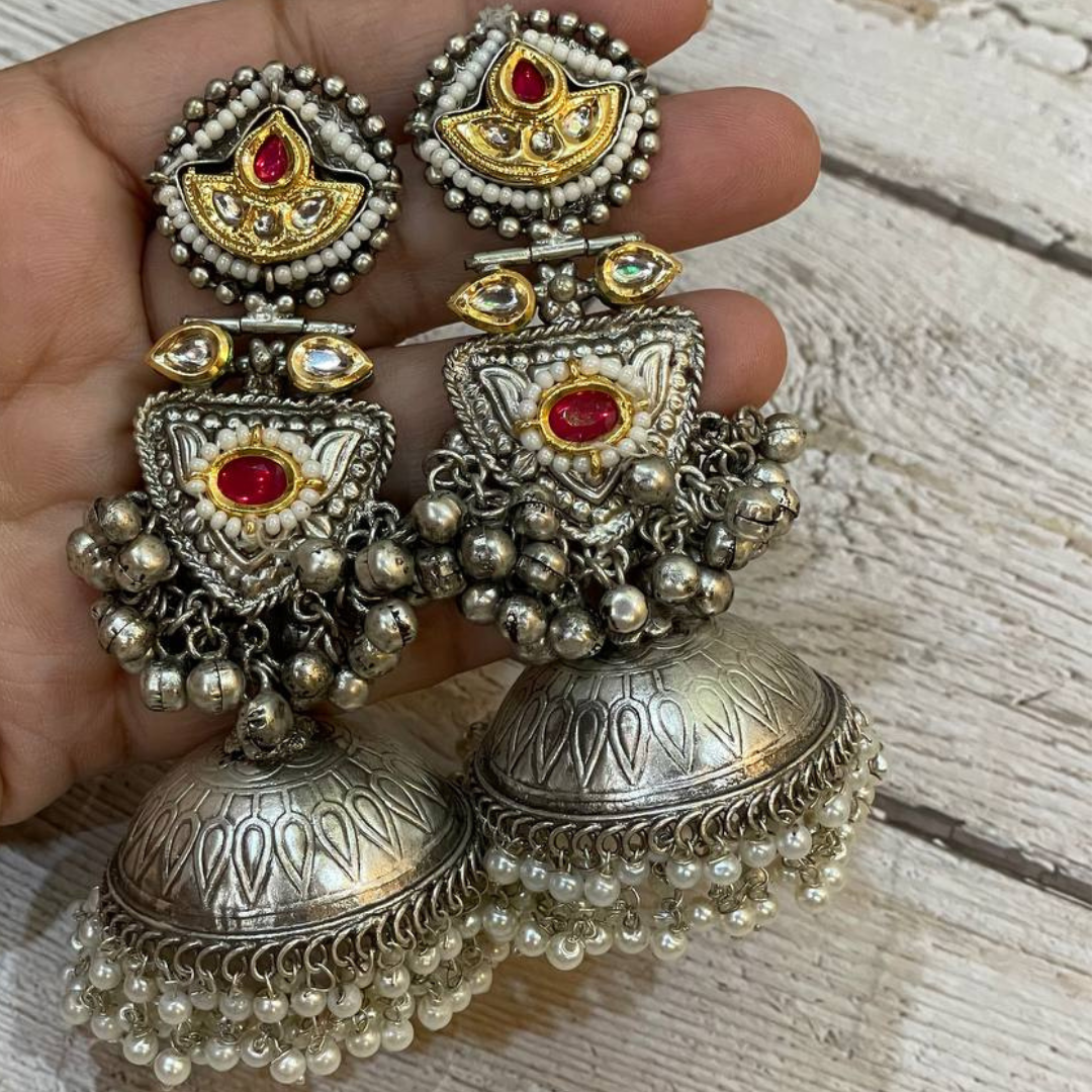 VAJEER-RED SILVER JHUMKA EARRINGS