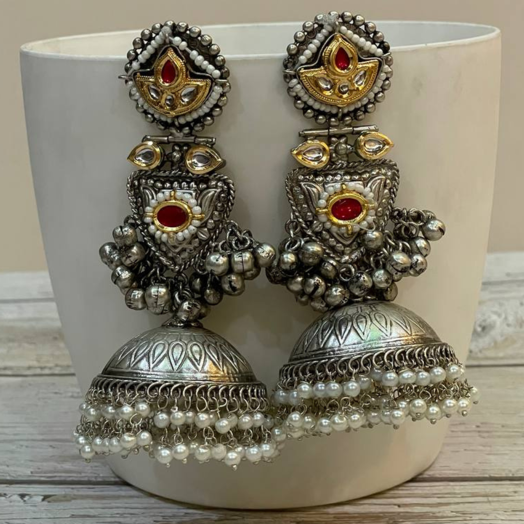 VAJEER-RED SILVER JHUMKA EARRINGS