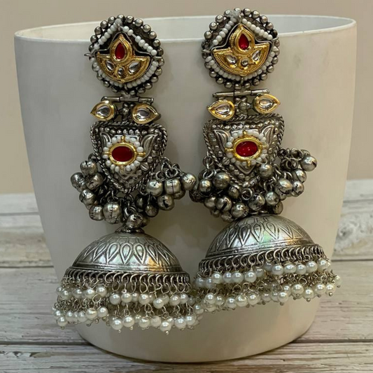 VAJEER-RED SILVER JHUMKA EARRINGS