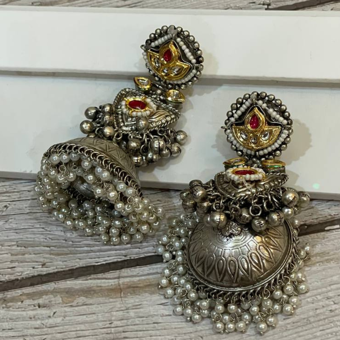 VAJEER-RED SILVER JHUMKA EARRINGS