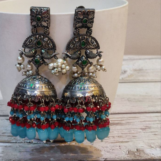 RUHAANI RED-AQUA JHUMKA